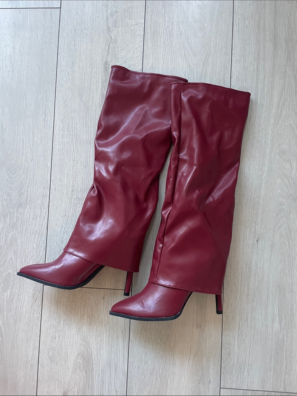 SHEIN Burgundy Pointed-Toe Stiletto Knee-High Boots